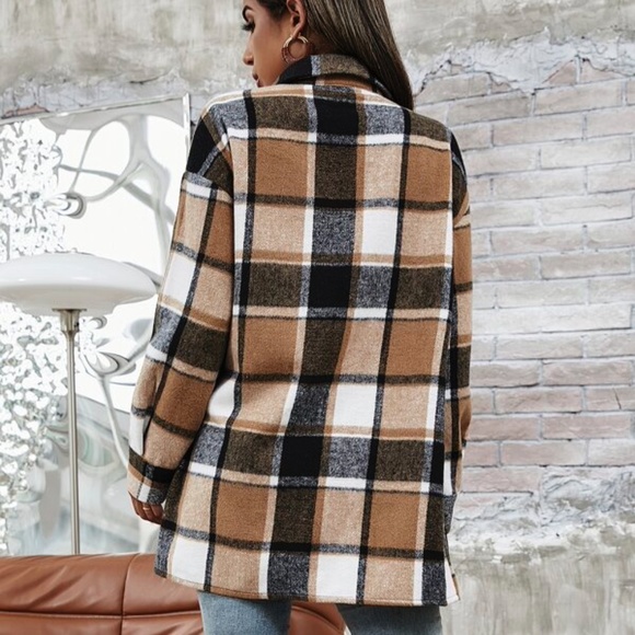 Black Tan Plaid Button up jacket Shacket Casual - Picture 3 of 4